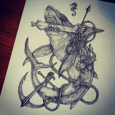 a drawing of an octopus attacking a shark in the water with two anchors and a fish on its back