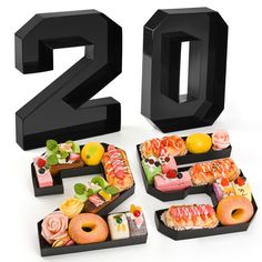 the number twenty two is made up of different types of donuts and sushi