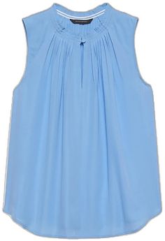 Sleeveless Top With Gathered Neckline For Spring, Sleeveless Pleated Tops For Spring, Casual Sleeveless Pleated Tops, Elegant Sleeveless Pleated Top, Spring Top With Gathered Neckline, Chic Summer Tops With Pleated Waist, Spring Workwear Top With Gathered Neckline, Blue Sleeveless Blouse For Daywear, Weekend Dresses