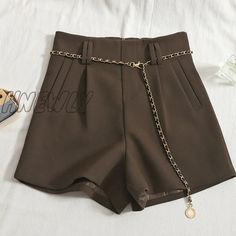 920769380-69 High Waist Brown Shorts With Belt Loops, Brown High Waist Shorts With Belt Loops, Casual Brown High-waisted Shorts, Luxury Fitted Wide-leg Shorts, Fitted High-waisted Shorts With Belt Loops, Brown High-waisted Shorts With Belt Loops, Brown High-waisted Cotton Shorts, Shorts With Belt, Ripped Jeans Style