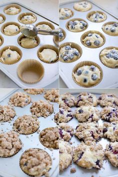 blueberry muffins are being made and then baked