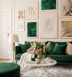 Emerald green sofa with white and gold accents to complement The Wall, Emerald, Coffee Table, Living Room, Coffee, Wall, Green, Gold, Art