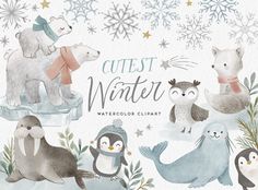 watercolor winter clipart with polar bears, penguins and snowflakes in the background