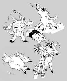 some sketches of different animals in black and white, with one being chased by another