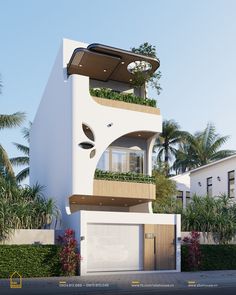 an architectural rendering of a modern house with plants growing on the balcony and balconies