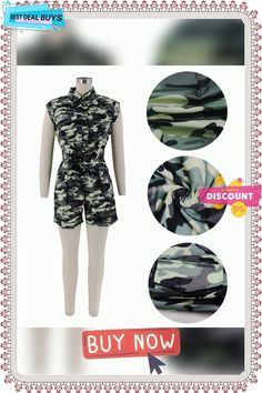 Women's Summer Overall Cargo Shorts Sleeveless Sexy Camouflage Cutout Turndown Collar Slim Fit Jumpsuit Camouflage Jumpsuits And Rompers For Summer, Sleeveless Camouflage Jumpsuits And Rompers For Summer, Casual Camouflage Sleeveless Jumpsuits And Rompers, Long Sleeve Playsuit, Fitted Jumpsuit, Designer Jumpsuits, Turndown Collar, Online Clothing Stores, Model Photos