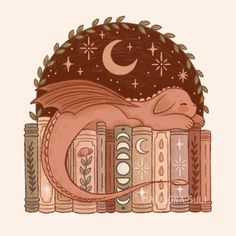 a drawing of a rat sleeping on top of books with the moon in the background