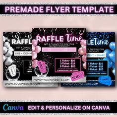 a flyer for a party with balloons and confetti on the front, and an event ticket in the back