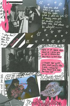 a collage of images with writing and pictures on them, including people talking to each other