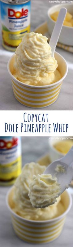 two pictures showing how to make copycat pineapple whip