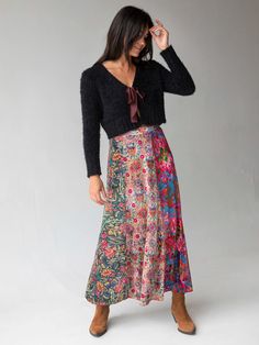 Valentina Velvet Maxi Skirt - Green Cream Red Mixed Floral-view 1 Bohemian People, Velvet Maxi Skirt, Mixed Prints, Velvet Maxi, Green Cream, Green Skirt, Mixing Prints, Maxi Skirt, Velvet