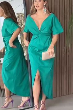 This elegant maxi dress💕👗 exudes timeless charm with its solid color and flattering V-neck design. Perfect for parties or casual outings, it combines sophistication and comfort effortlessly, making it a must-have in every woman's wardrobe.💕👗 Green Short Sleeve Midi Dress For Party, Green Sheath Maxi Dress For Party, Green V-neck Evening Dress For Party Season, Formal Green Summer Evening Dress, Formal Green Evening Dress For Summer, Green Summer Party Evening Dress, Green Short Sleeve Party Dress, Green V-neck Evening Dress For Wedding Guests, V-neck Dress For Wedding Guest And Party Season