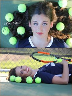 a woman laying on the ground holding a tennis racquet and balls in front of her