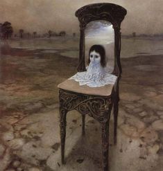 a painting of a ghost sitting on a chair in the middle of a barren field