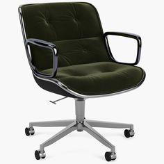 an office chair with wheels and green fabric upholstered on the back, viewed from the front