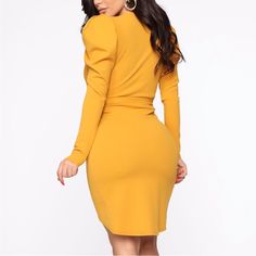 Size Large Beautifully Mustard Color New Fashion Nova Elegant Yellow Bodycon Dress For Brunch, Elegant Yellow Mini Dress For Fall, Yellow Solid Color Dress For Work, Elegant Yellow Long Sleeve Bodycon Dress, Fitted Solid Color Midi Dress For Brunch, Yellow Bodycon Dress For Fall, Mustard Fashion, Wrap Dress Long Sleeve, Long Sleeve Bandage Dress