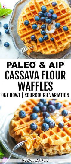 two waffles with blueberries on top and the words paleo & air cassavaa flour waffles