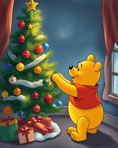 a winnie the pooh christmas tree next to a window