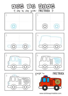 how to draw a firetruck for kids with easy steps and pictures on it