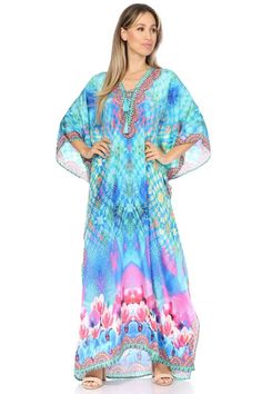 This caftan dress cover-up is made of lightweight material with no structure so that it drapes effortlessly and elegantly. It is very forgiving and loose-fitting for maximum comfort and best wear. Colours are very vibrant and unique. Each dress is handmade and timeless. This caftan dress is very lightweight and elegant that it can be worn a multiple of different ways. The color combinations are unique. Printed Flowy Kaftan For Beach Cover-up, Multicolor V-neck Kaftan For Resort, Bohemian V-neck Kaftan For Pool, Flowy V-neck Kaftan For Beach Season, Flowy Floor-length Beach Dress, Long Multicolor Tunic For Beach, Flowy Bohemian Pool Cover-up, V-neck Kaftan For Beach Party Resort, Long Multicolor Tunic For Vacation