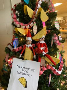 a christmas tree with an elf holding a sign that says did someone say taco tuesday?