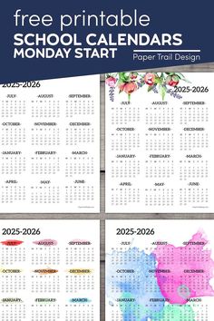 the free printable school calendar with watercolor flowers and leaves on it is shown in three