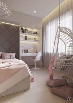 an image of a bedroom with white furniture and pink accessories on the bed, along with a chandelier hanging from the ceiling