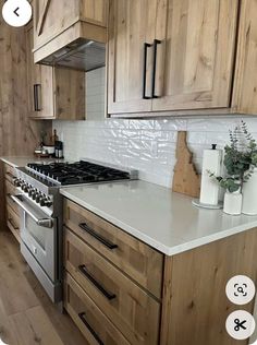 a kitchen with wooden cabinets and white counter tops