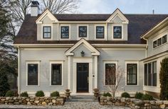 two-story single family home with blue paneling Historic Home Exterior, Clapboard Siding, Ice House, Boston Design, Ice Houses, Home Exterior, Granite Stone, Window Trim, Design Guide