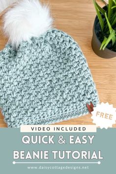 a crocheted beanie with text overlay reading video included quick and easy beanie