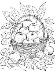 a basket full of apples with leaves around it