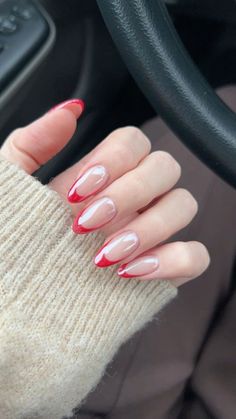 Red French Tip Nails Crome, Red Chrome Tips Nails, Red French Nails With Chrome, Red French Nails Chrome, Red French Valentine Nails, Red Chrome French Tip Nails Almond, Almond French Tip With Chrome, Red Tip Chrome Nails, Red Chrome French Nails