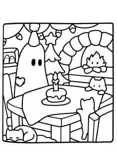 a coloring page with an image of a birthday cake and two cats sitting at the table