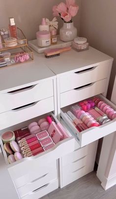 the drawers are open to reveal makeup products