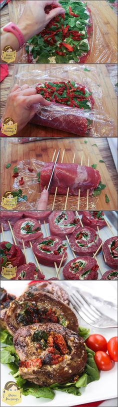 some food is being prepared and ready to be cooked in the oven, then put on skewers with toothpicks