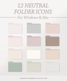 the 12 neutral folder icons for windows and mac are shown in different colors, sizes and shapes