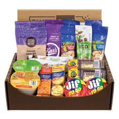 an open box filled with snacks and snacks