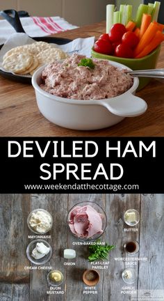 bowl of creamy deviled ham spread and a picture of all the ingredients; mayonnaise, cream cheese, ham, onion, butter, parsley, Worcestershire sauce, garlic powder and pepper. Deviled Ham Spread, Ham Spread, Sandwich Spread Recipes, Deviled Ham, Ham Salad, Sandwich Fillings, Sandwich Spread, Spread Recipes, Ham Recipes