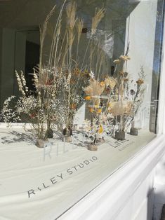 flowers in vases are sitting on a window sill with the words riley studio