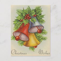 a christmas postcard with three bells and holly wreath on the front, which reads vintage retro christmas wishes