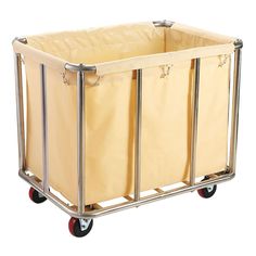 a metal cart with three large bins on it's sides and two wheels