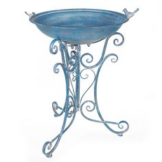 a blue metal stand with a bowl on it