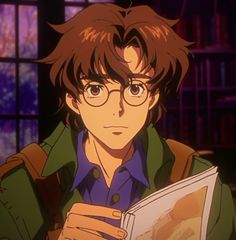 an anime character with glasses reading a book