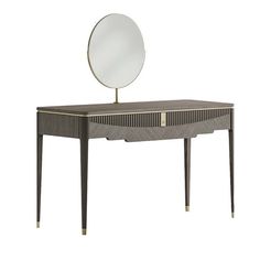 a table with a mirror on top of it and a wooden stand underneath the mirror