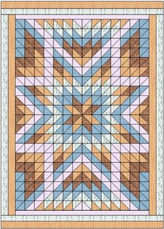 a square quilt pattern that is made up of different colors and shapes, including blue, brown