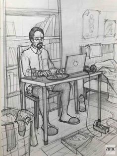 a drawing of a man sitting at a desk working on a laptop computer in front of him