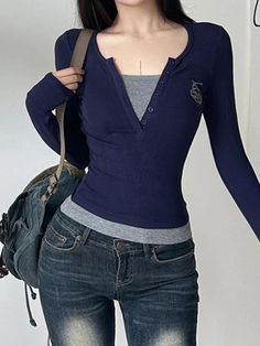 ⚡Buy 2024 Contrast Color Print Fake Two Piece Long Sleeve Knit Blue S under $26.00 in Tops&Tees at AnotherChill.com Online. Style: Casual/Street/Vintage/Sweet/Preppy. Fabric Content: Cotton. Fit Type: Slim Fit. Neckline: V Neck. Sleeve Length: Long Sleeve. Unique Design: This long sleeve knit top features a contrast color design that adds a lively touch to your outfit. It also has a fake two piece design, saving you the trouble of matching separate pieces.. Comfortable Material: Made from high q Long Sleeve Knit Top, Embroidered Crop Tops, 2000s Outfits, High Street Fashion, Slim Fit Top, Collars For Women, Long Sleeve Knit Tops, Solid Clothes, Color Print