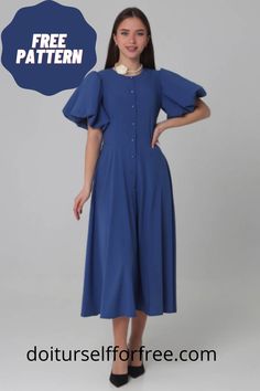 a woman in a blue dress with the words free pattern on it and an image of her