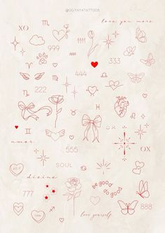 the back side of a piece of paper with hearts and symbols drawn on it's sides