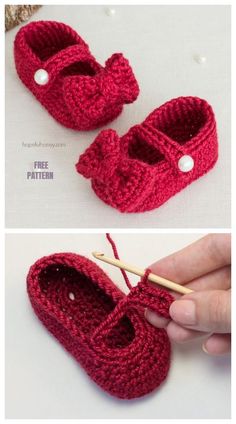 crocheted baby booties are being worked on